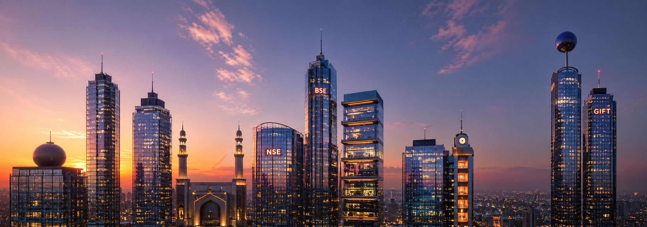 Bengaluru financial district skyline at dusk — BSE, NSE, GIFT towers